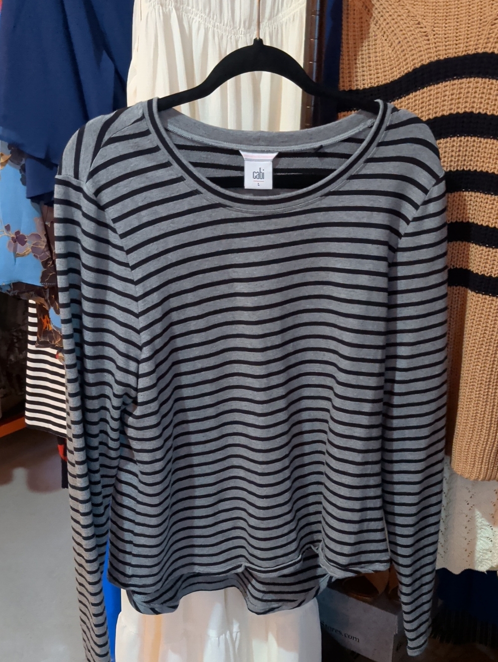 CAbi Gray and Black Striped Crewneck Sweater